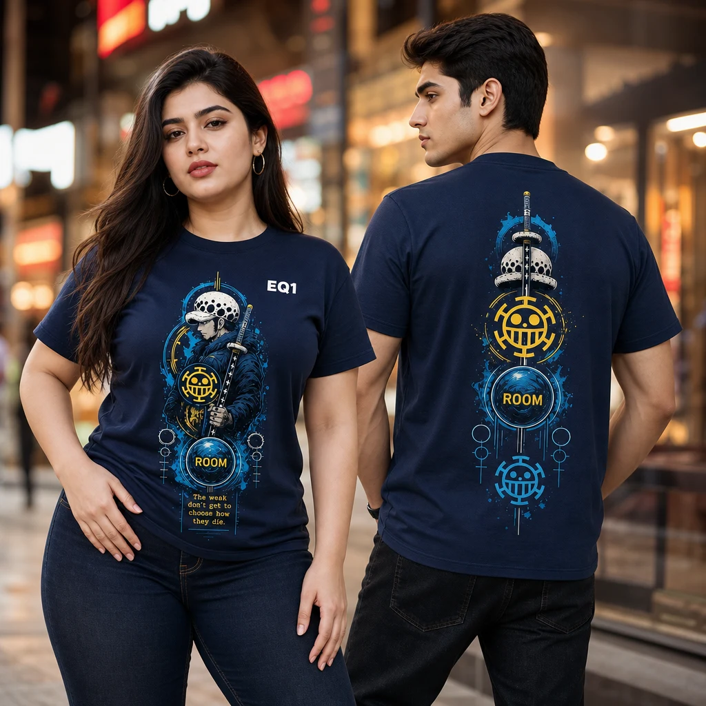 Trafalgar Law Symbol Totem T-shirt — on-model front and back view
