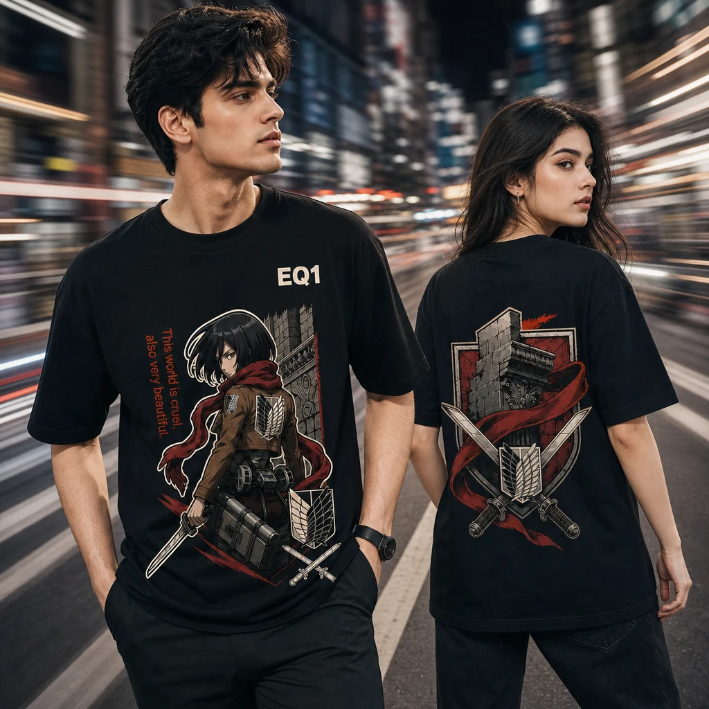 Mikasa Ackerman Environment Fragment T-shirt — on-model front and back view