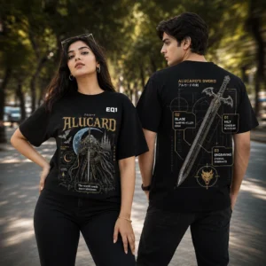 Alucard Weapon Blueprint T-shirt — on-model front and back view