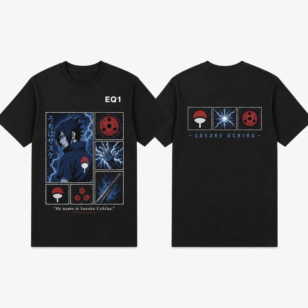 Sasuke Uchiha Emblem Grid T-shirt — product front and back view