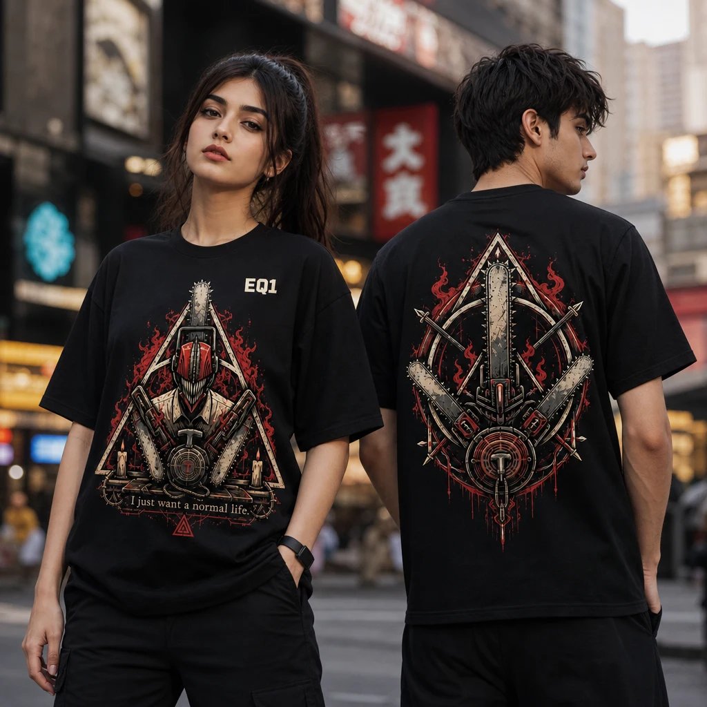 Denji Relic Shrine T-shirt — on-model front and back view