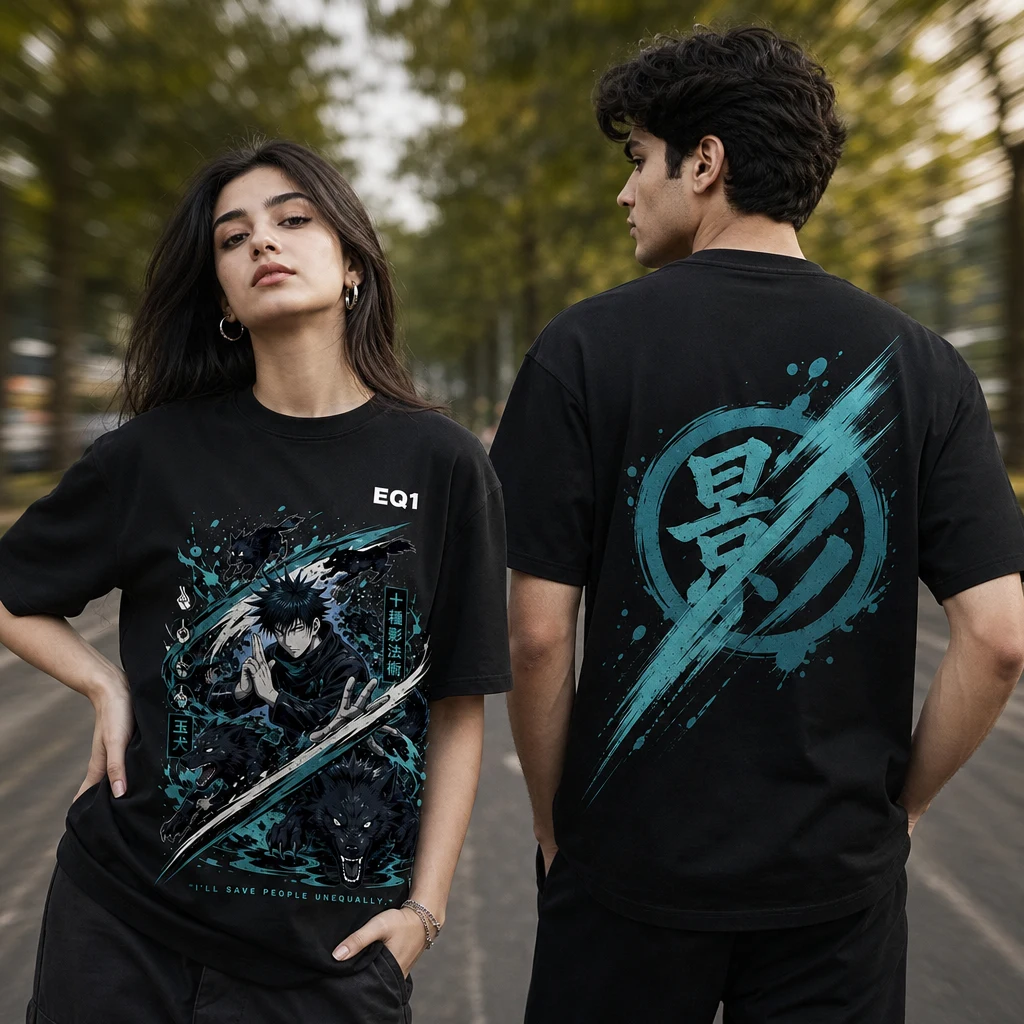 Megumi Fushiguro Impact Slash T-shirt — on-model front and back view