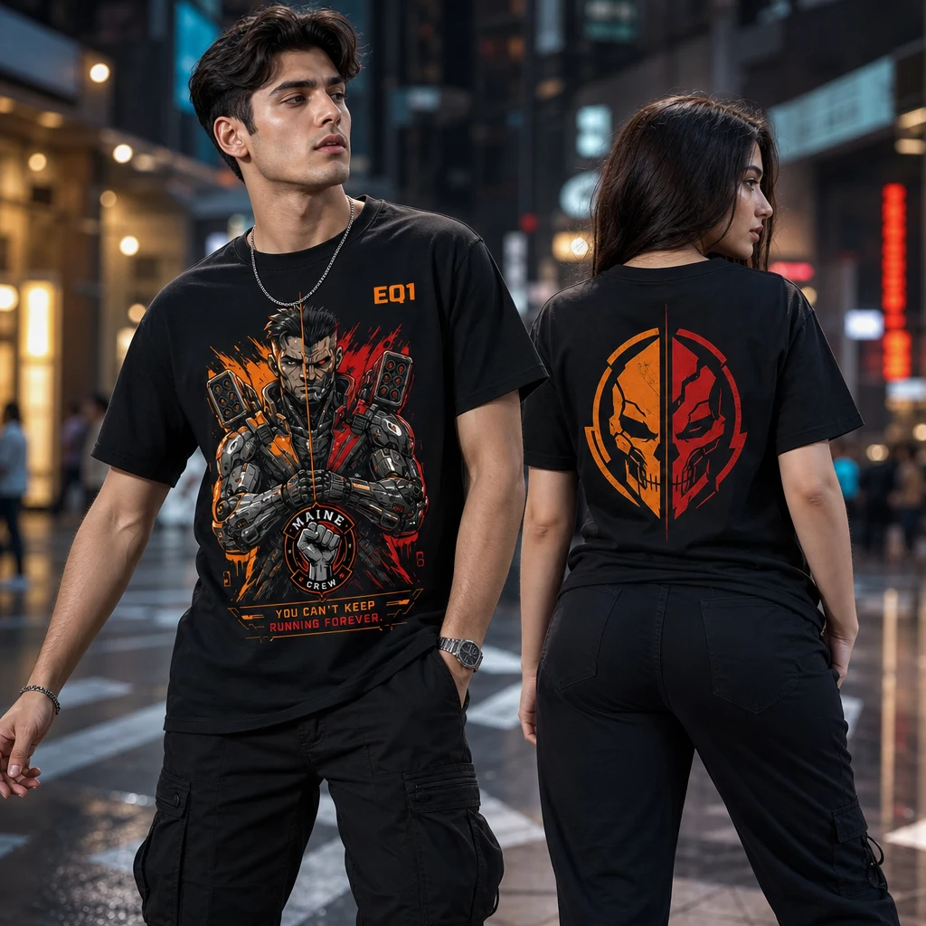 Maine Duality Split T-shirt — on-model front and back view