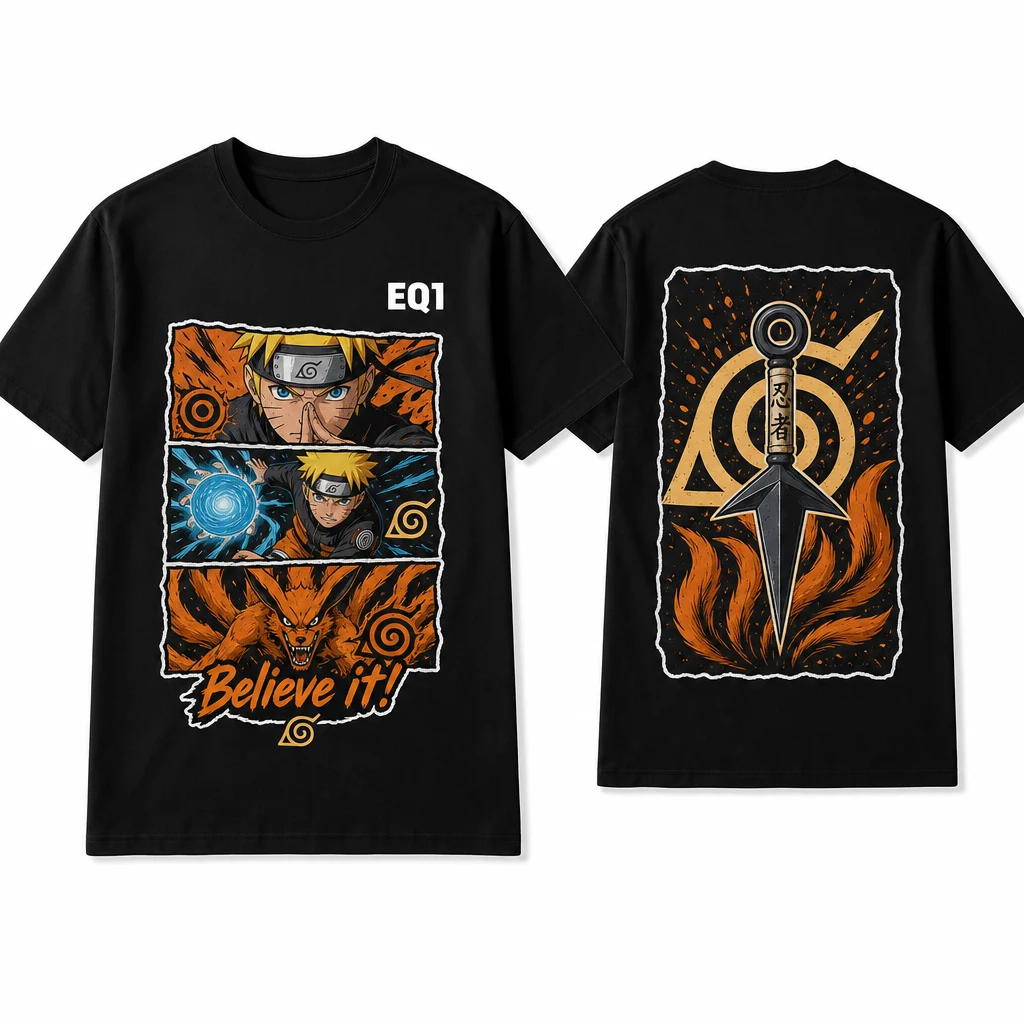 Naruto Uzumaki Panel Stack T-shirt — product front and back view