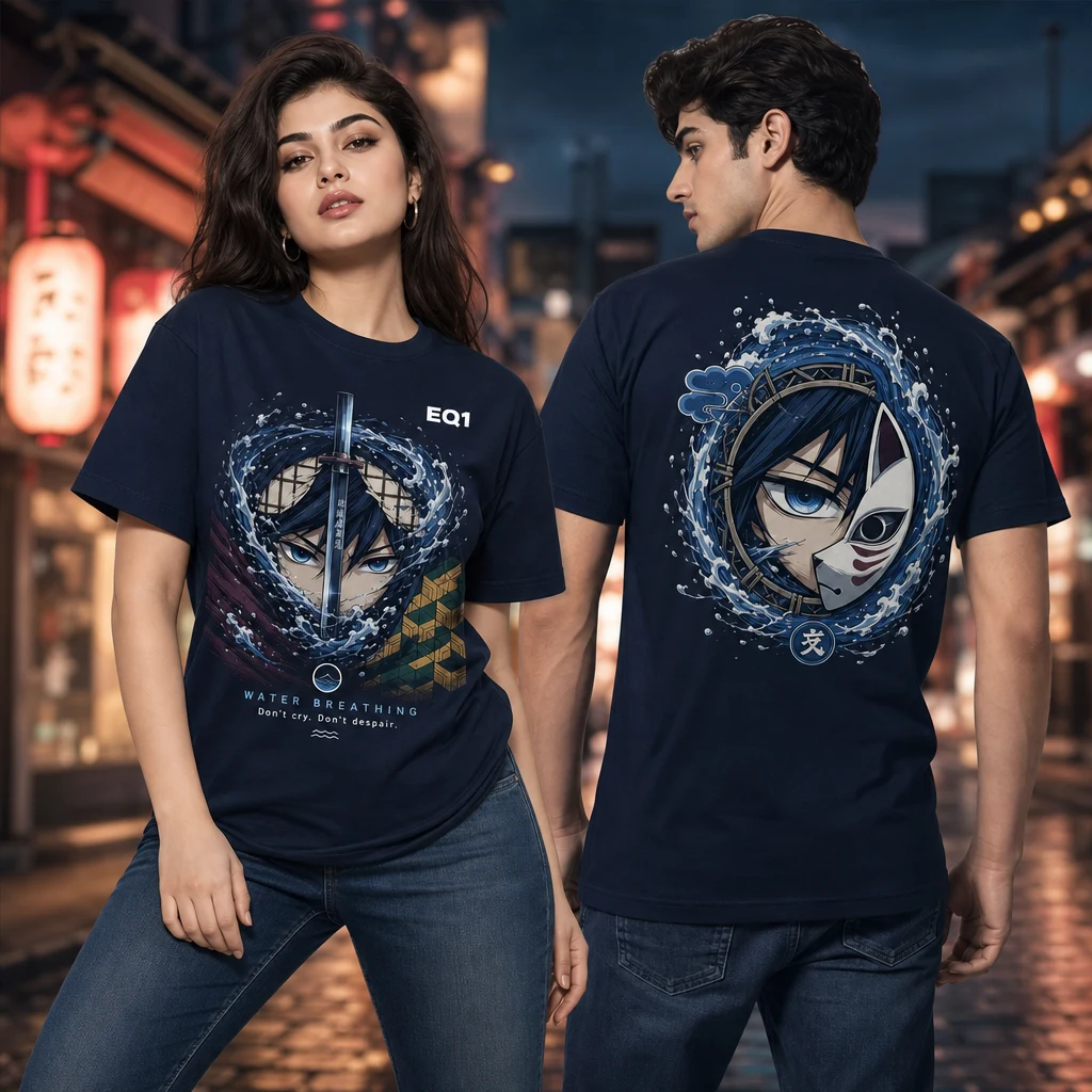 Giyu Tomioka Eyes and Power T-shirt — on-model front and back view