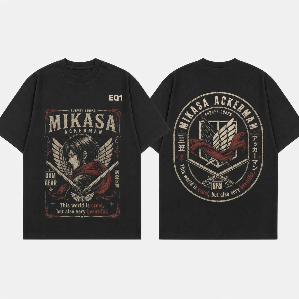 Mikasa Ackerman Vintage Label T-shirt — product front and back view