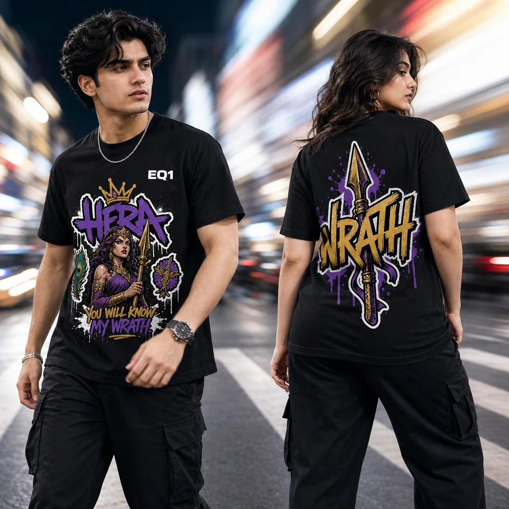 Hera Graffiti Burst T-shirt — on-model front and back view