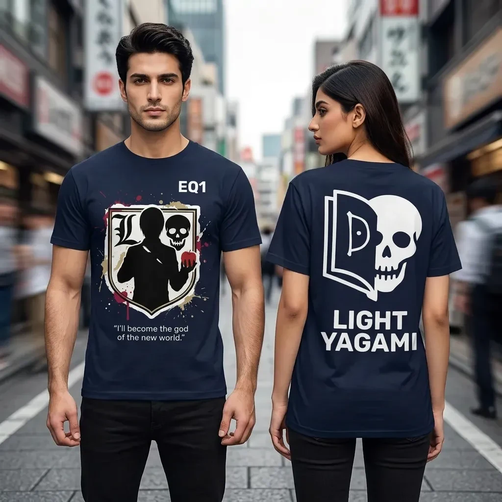 Light Yagami Sticker Crest T-shirt — on-model front and back view