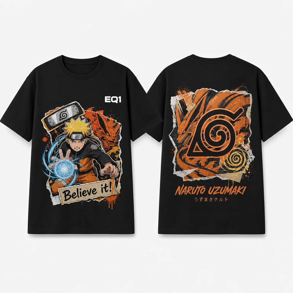 Naruto Uzumaki Sticker Crest T-shirt — product front and back view