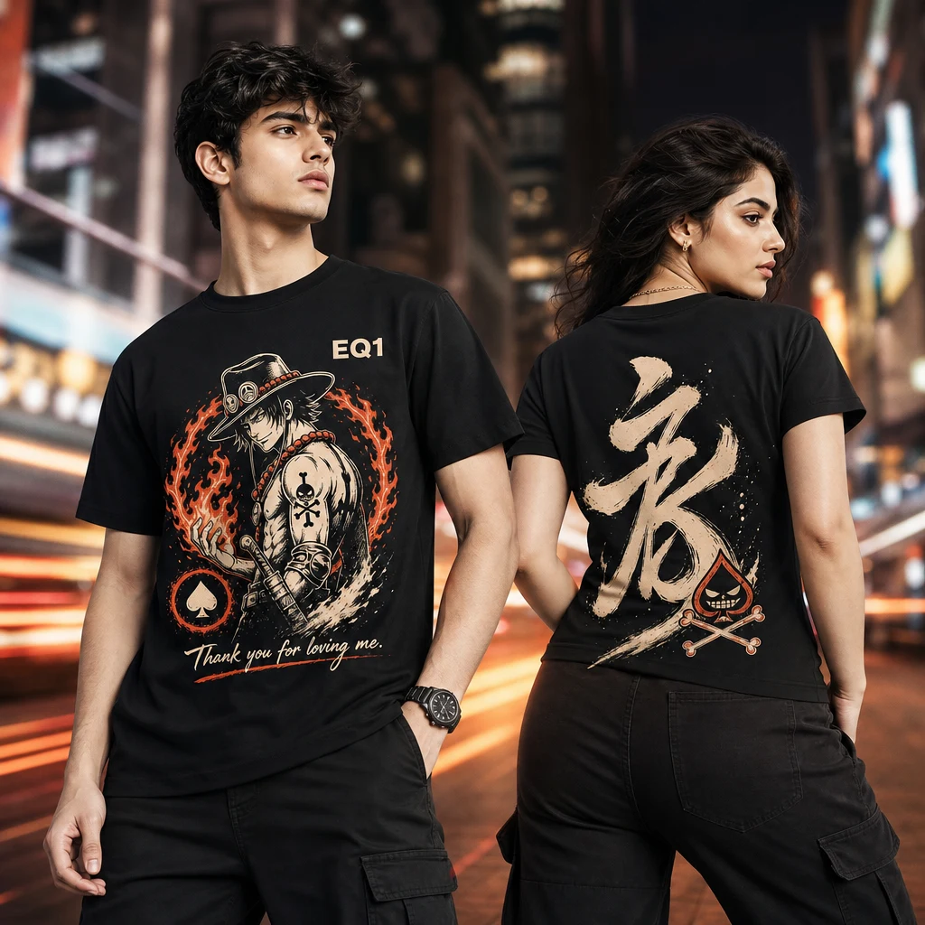 Portgas D. Ace Monochrome Ink T-shirt — on-model front and back view