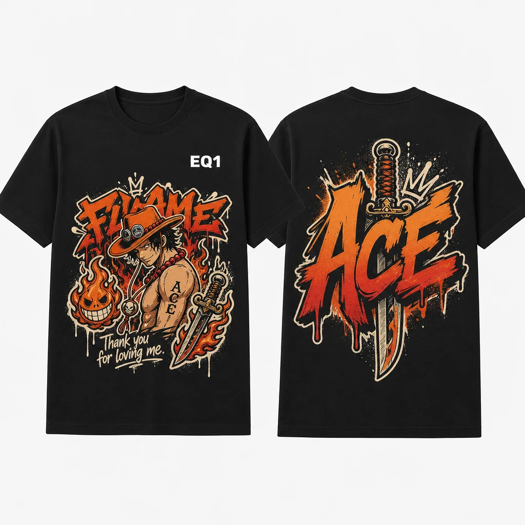 Portgas D. Ace Graffiti Burst T-shirt — product front and back view
