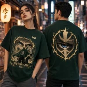 Erwin Smith Eyes and Power T-shirt — on-model front and back view
