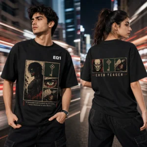 Eren Yeager Emblem Grid T-shirt — on-model front and back view