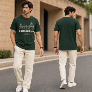 Prague Charles Bridge Rhythm T-shirt — on-model front and back view