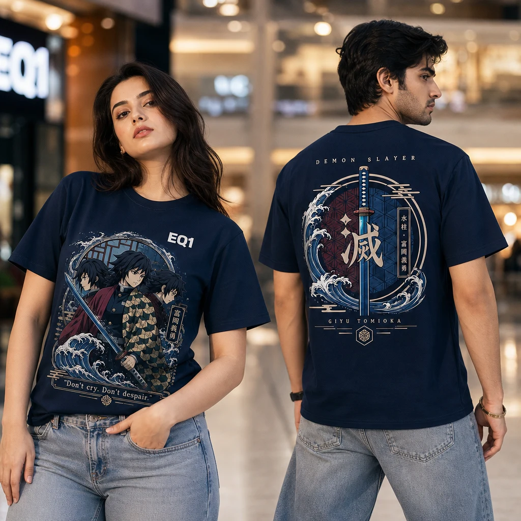 Giyu Tomioka Collection Finale T-shirt — on-model front and back view