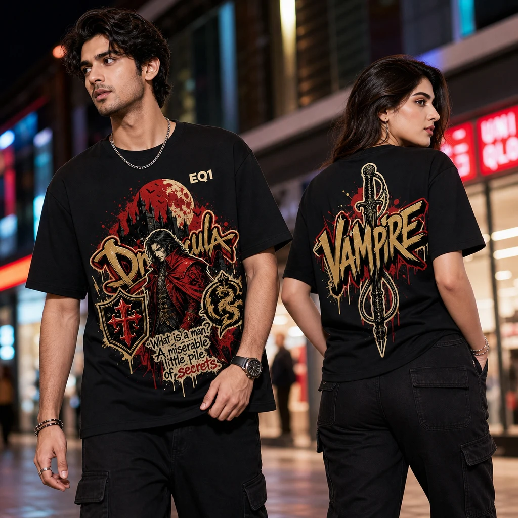 Dracula Graffiti Burst T-shirt — on-model front and back view