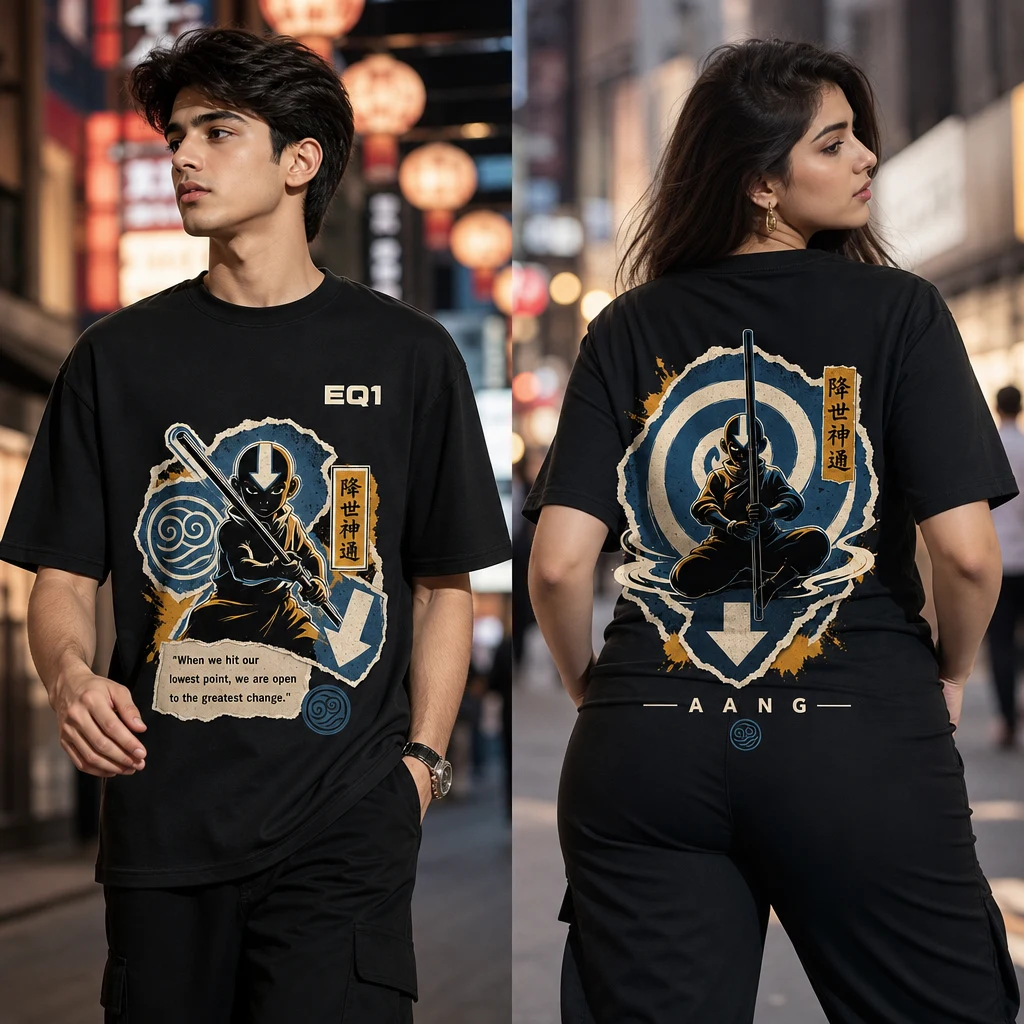 Aang Sticker Crest T-shirt — on-model front and back view