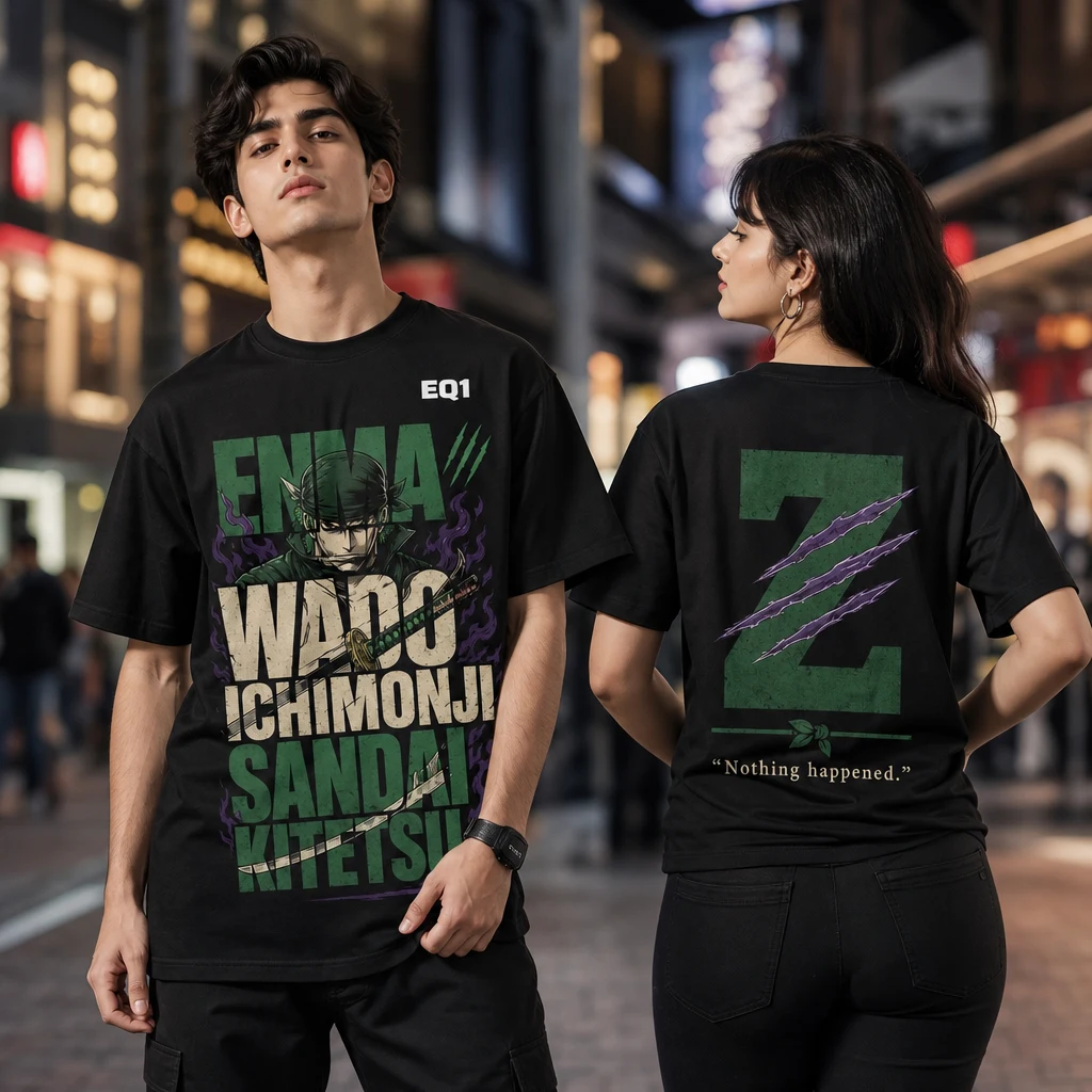 Roronoa Zoro Typography Tower T-shirt — on-model front and back view