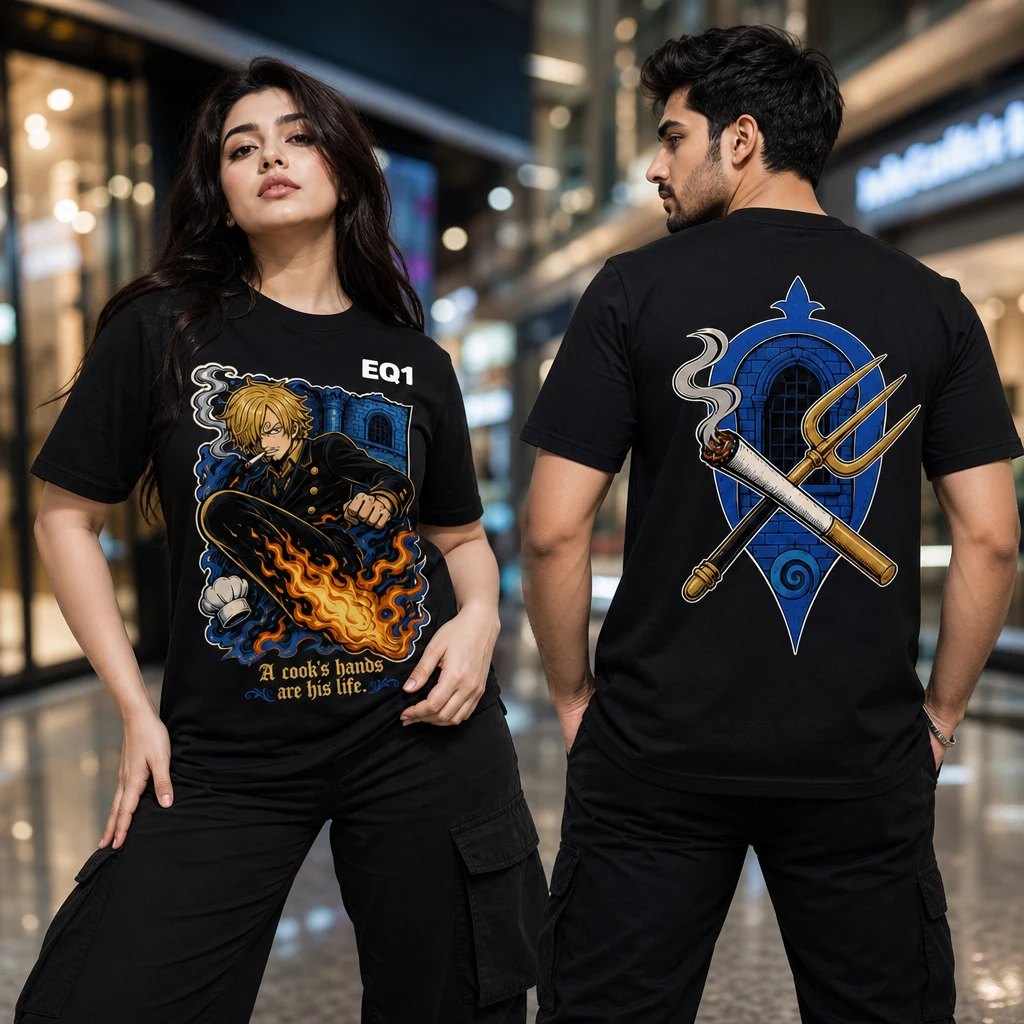 Sanji Environment Fragment T-shirt — on-model front and back view