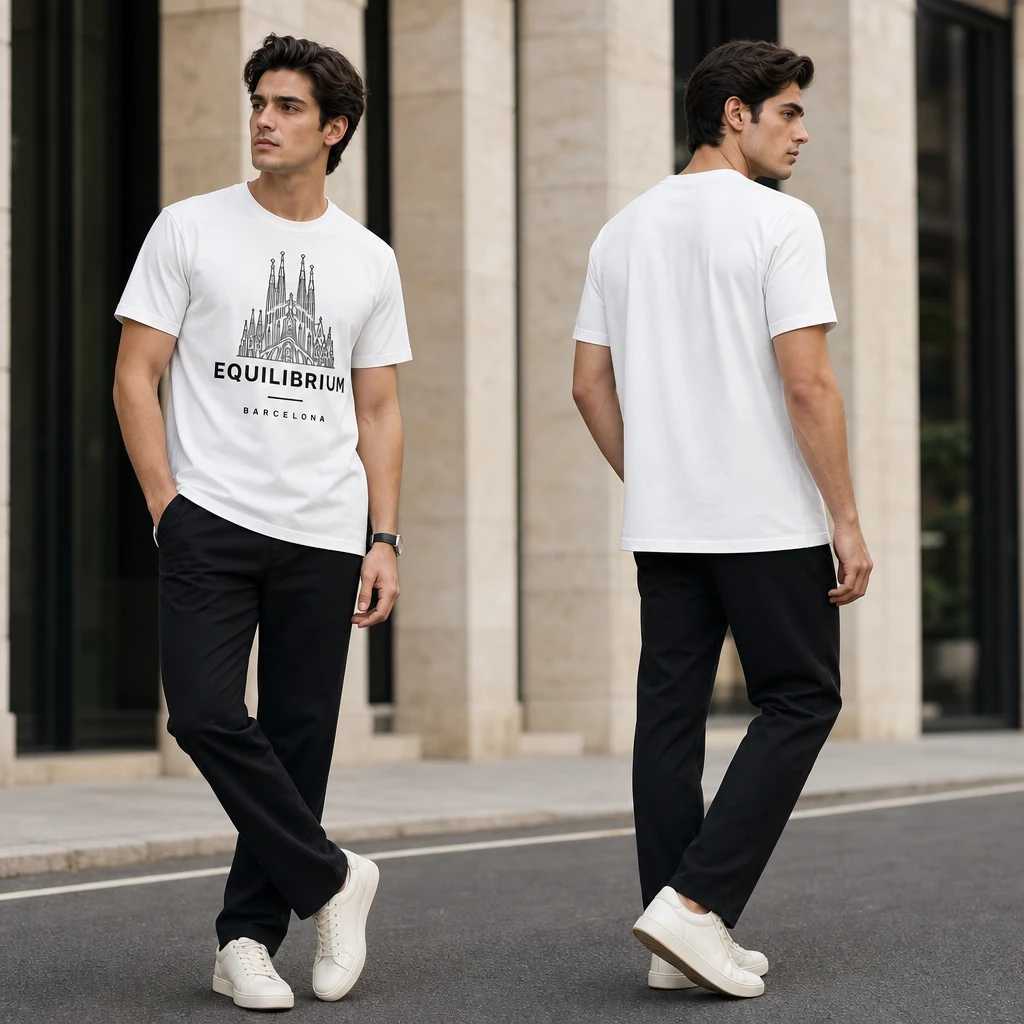 Barcelona Sagrada Spires T-shirt — on-model front and back view