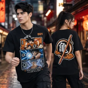 Goku Panel Stack T-shirt — on-model front and back view