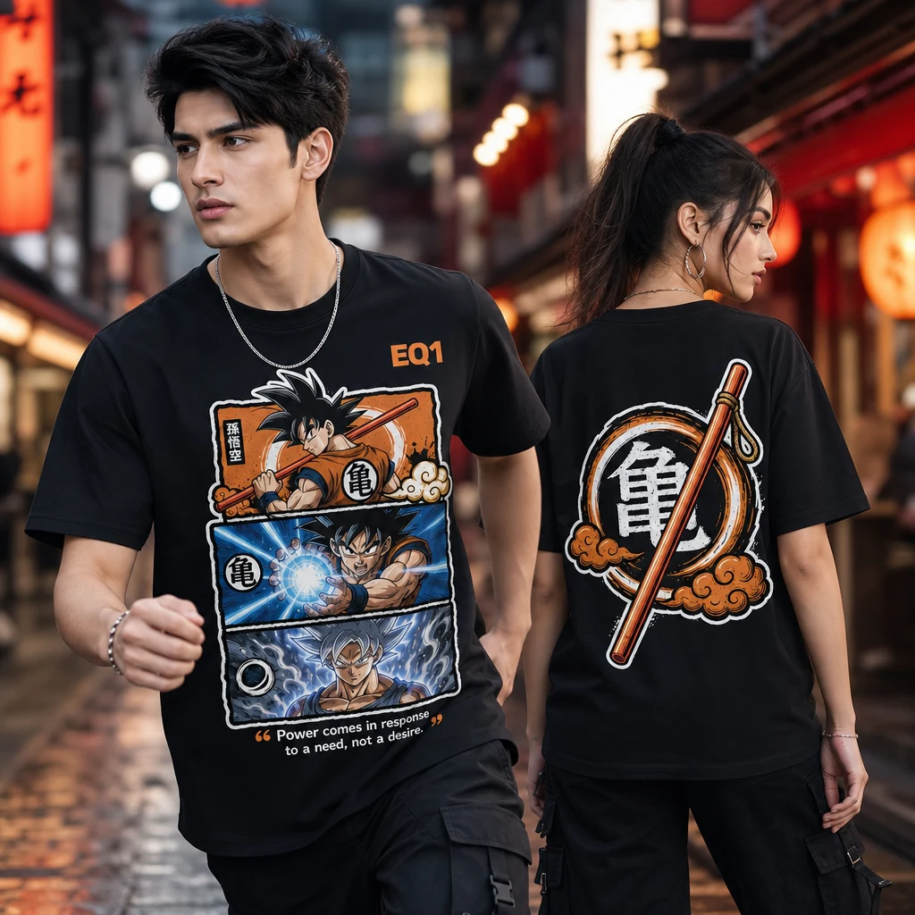 Goku Panel Stack T-shirt — on-model front and back view