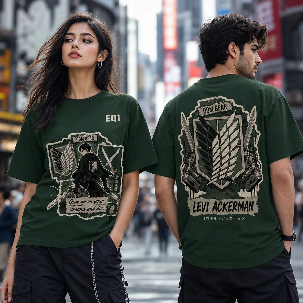 Levi Ackerman Sticker Crest T-shirt — on-model front and back view