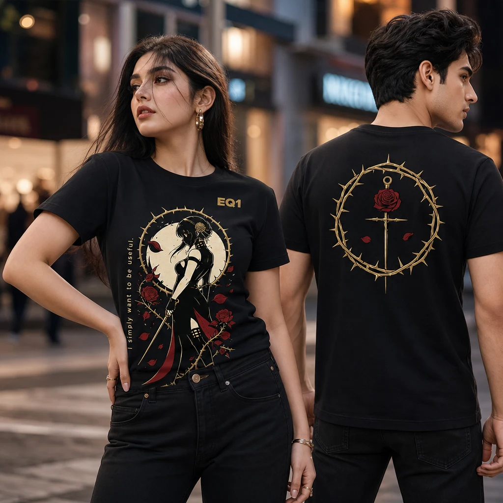 Yor Forger Negative Space T-shirt — on-model front and back view