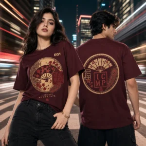 Akemi Distressed Stamp T-shirt — on-model front and back view