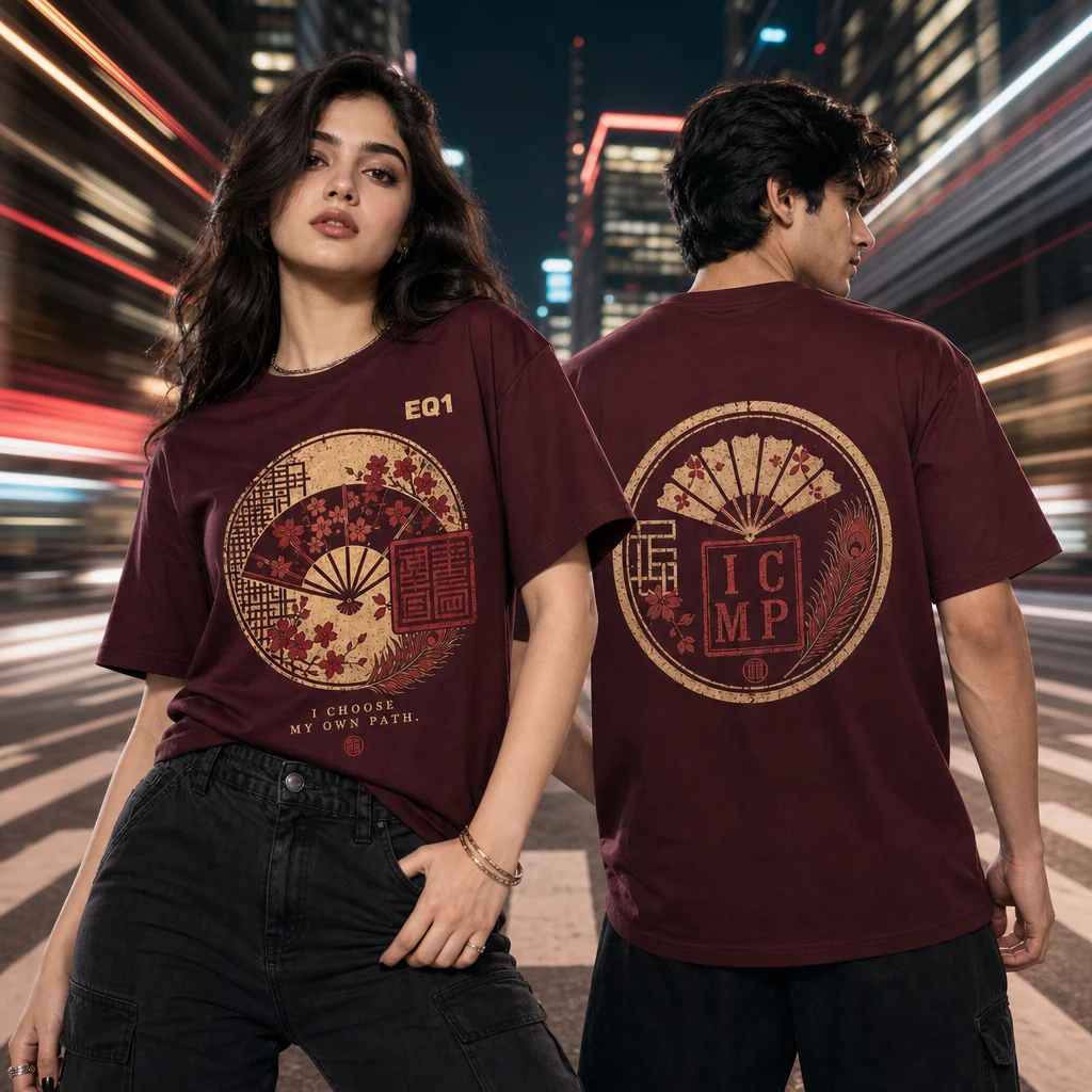 Akemi Distressed Stamp T-shirt — on-model front and back view