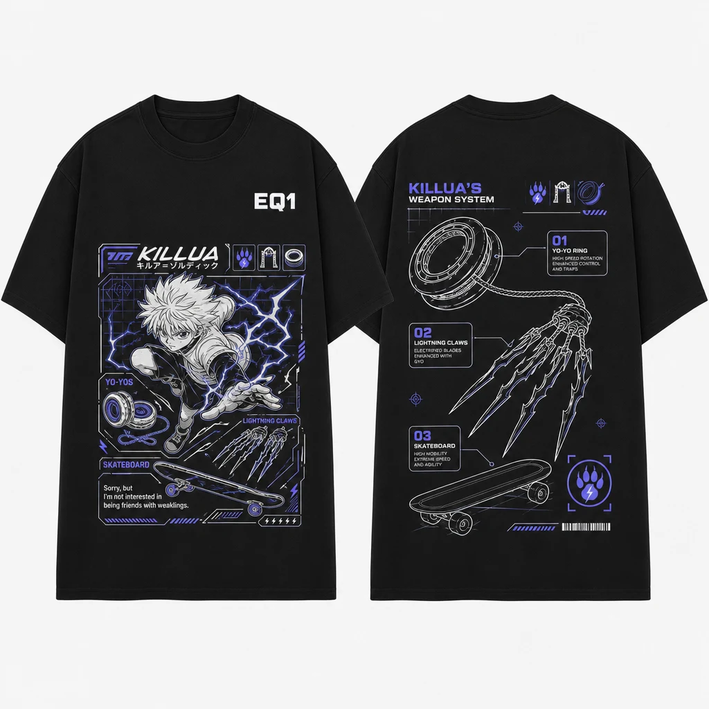 Killua Zoldyck Weapon Blueprint T-shirt — product front and back view