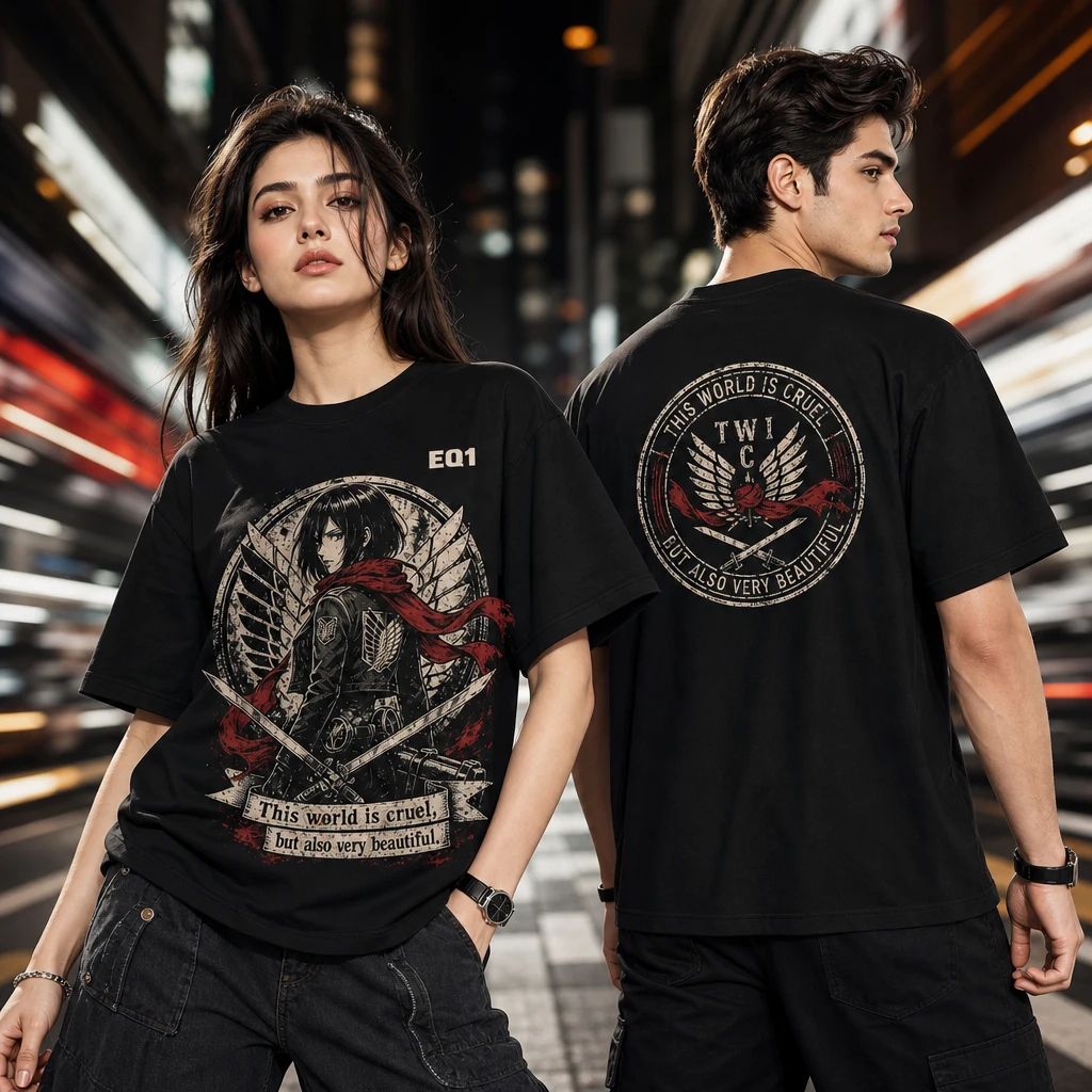 Mikasa Ackerman Distressed Stamp T-shirt — on-model front and back view