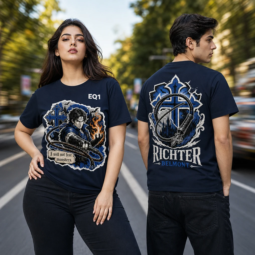 Richter Belmont Sticker Crest T-shirt — on-model front and back view