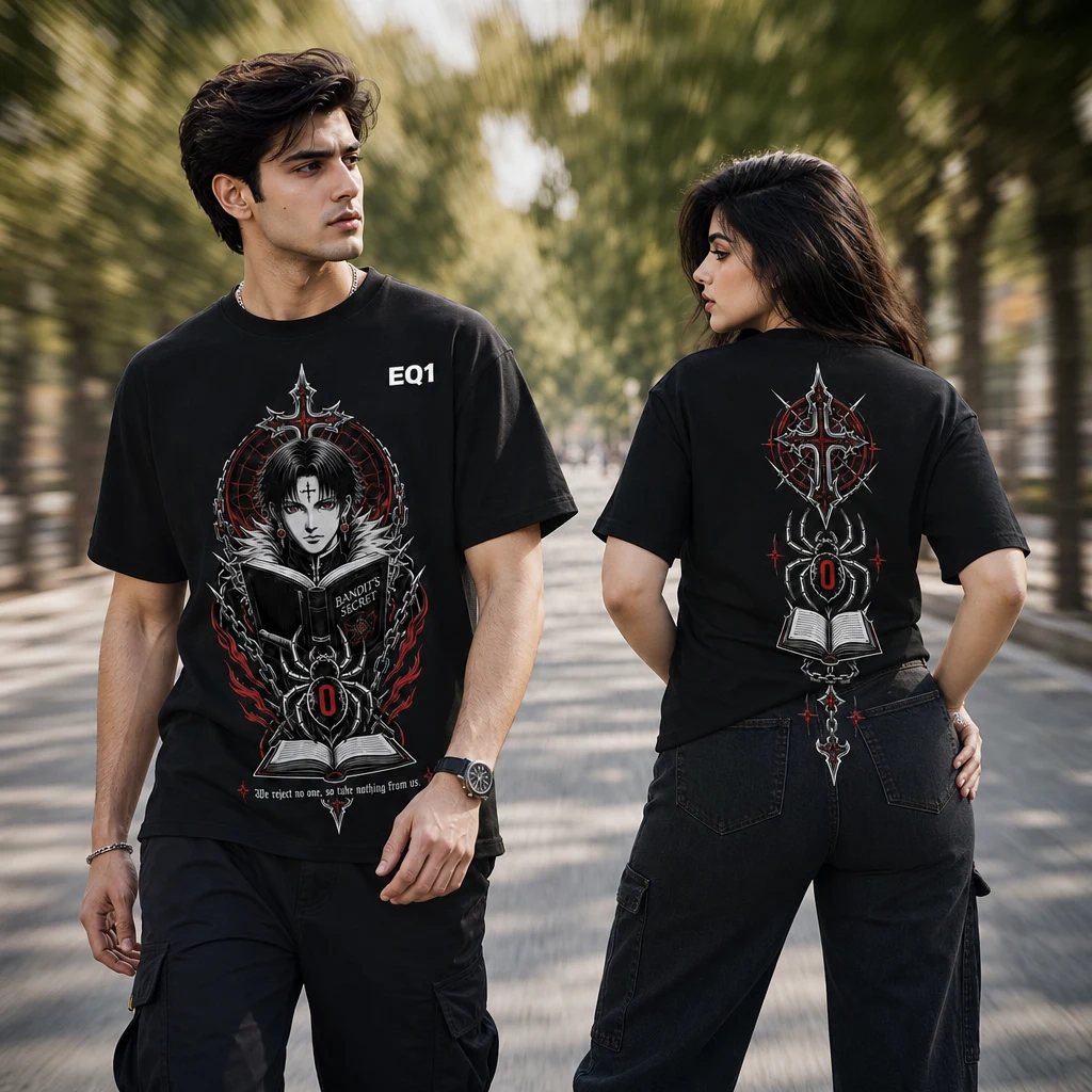 Chrollo Lucilfer Symbol Totem T-shirt — on-model front and back view