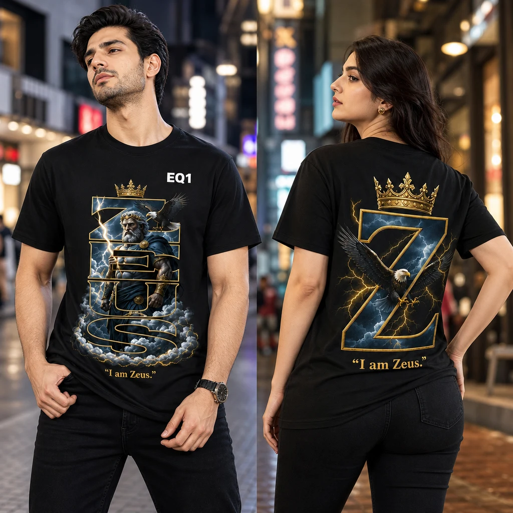 Zeus Typography Tower T-shirt — on-model front and back view