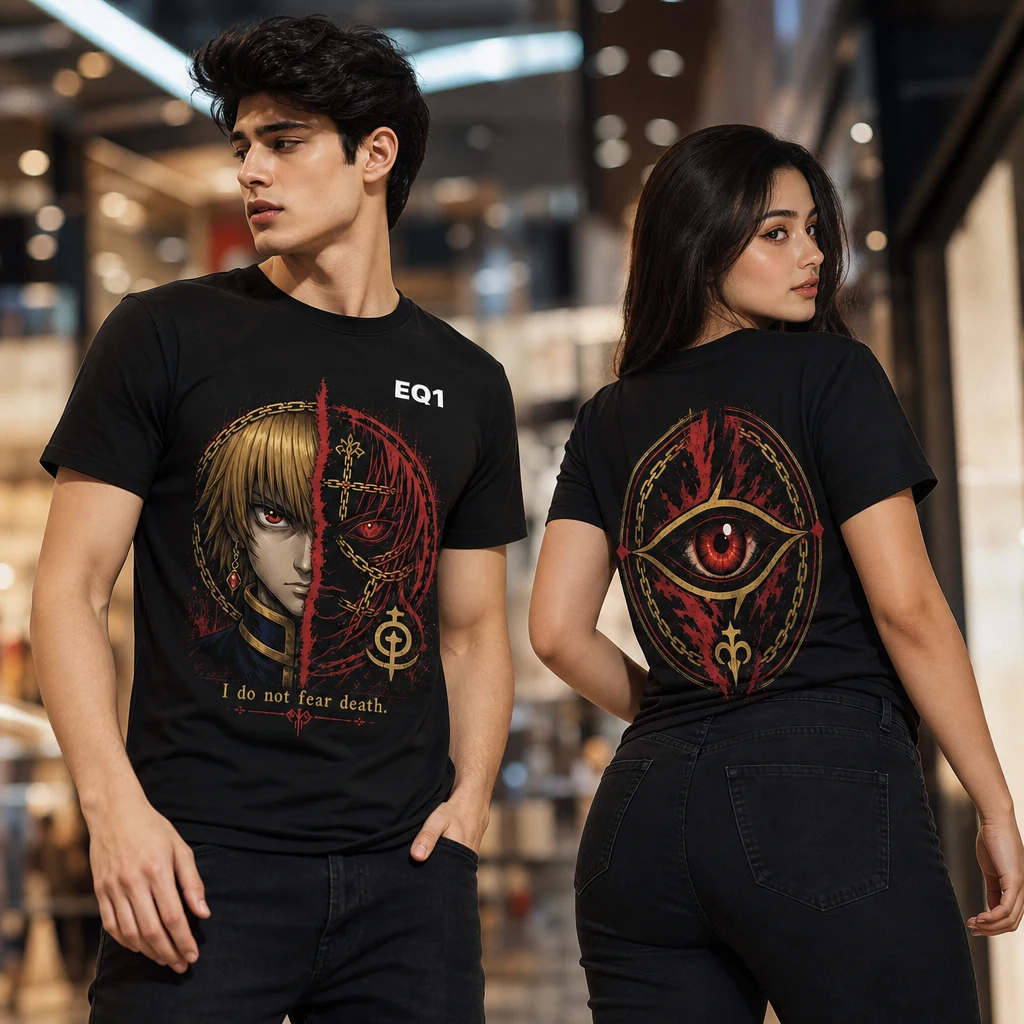 Kurapika Split Portrait T-shirt — on-model front and back view