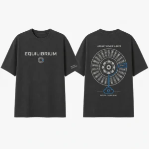 Library Engine Persistent World T-shirt — product front and back view