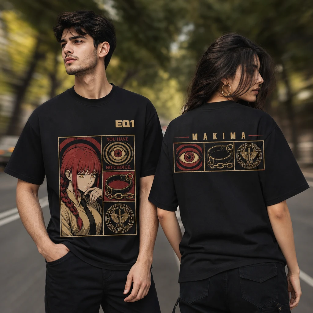 Makima Emblem Grid T-shirt — on-model front and back view