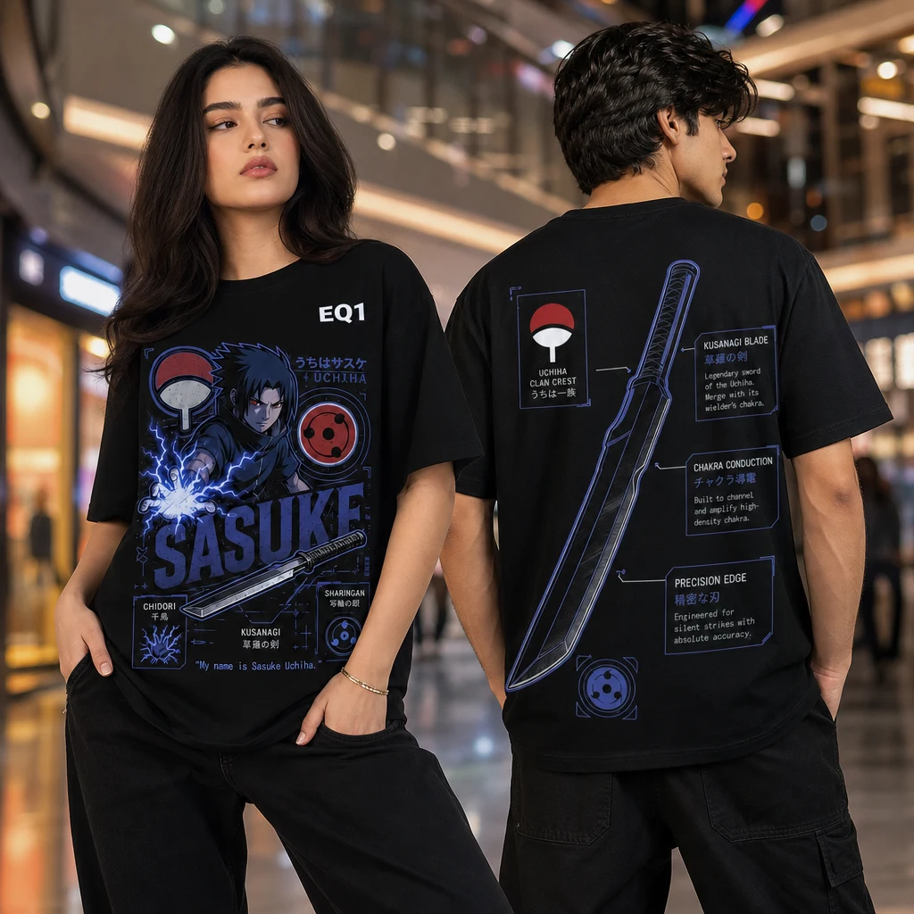 Sasuke Uchiha Weapon Blueprint T-shirt — on-model front and back view