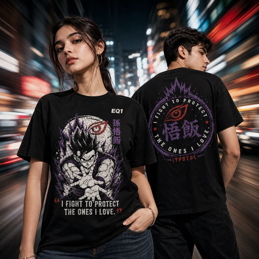 Gohan Distressed Stamp T-shirt — on-model front and back view