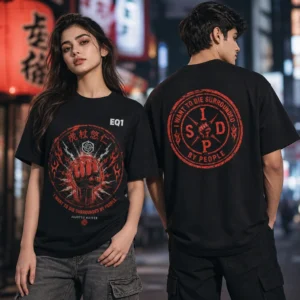 Yuji Itadori Distressed Stamp T-shirt — on-model front and back view