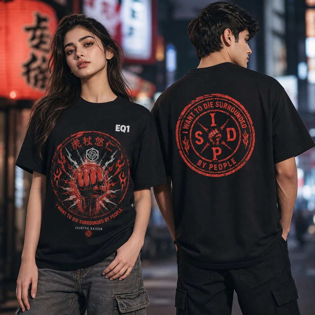 Yuji Itadori Distressed Stamp T-shirt — on-model front and back view