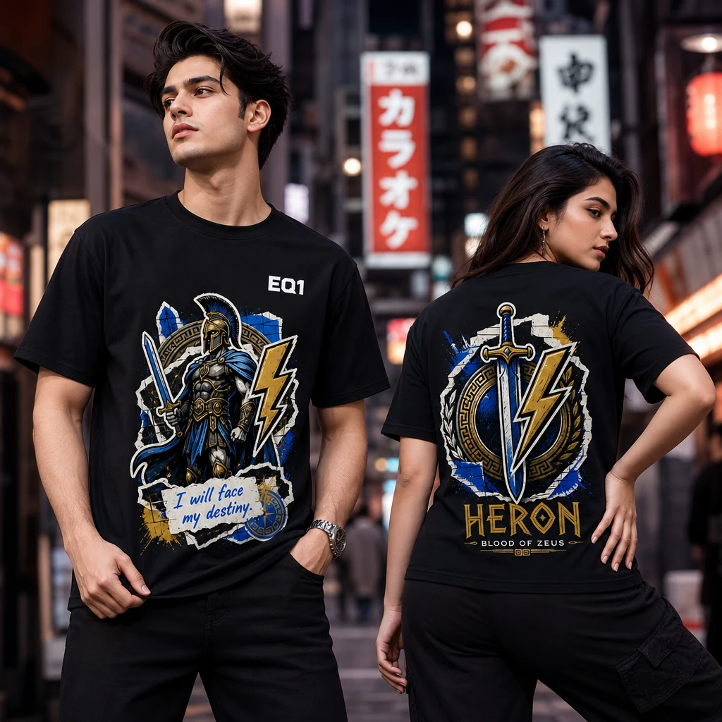 Heron Sticker Crest T-shirt — on-model front and back view