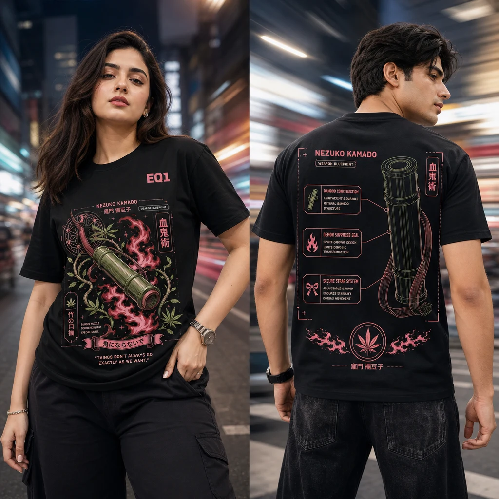 Nezuko Kamado Weapon Blueprint T-shirt — on-model front and back view