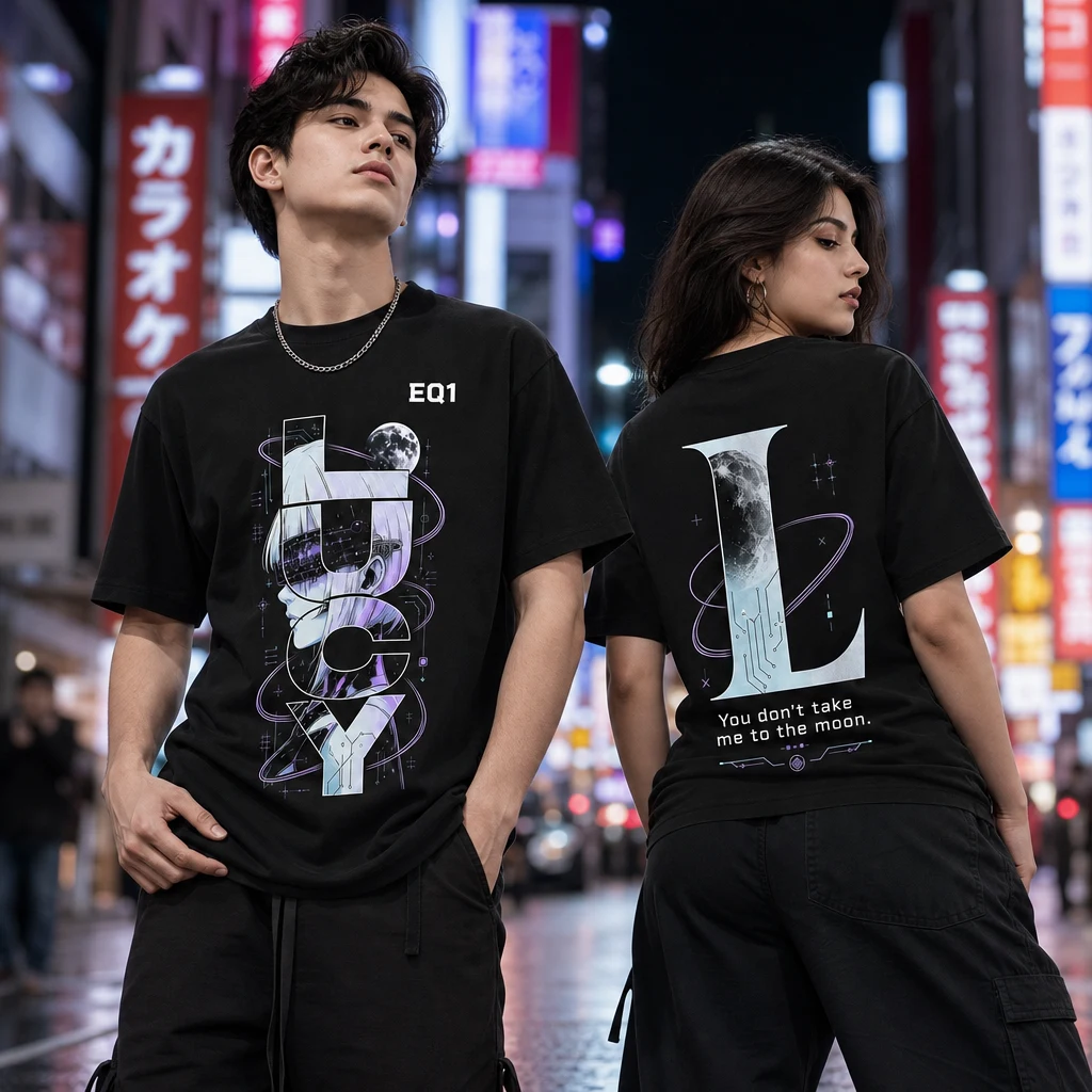 Lucy Typography Tower T-shirt — on-model front and back view