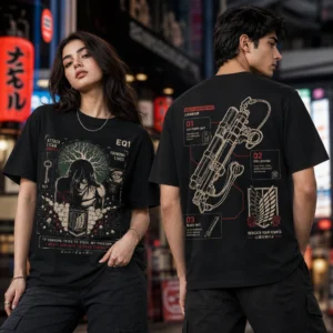 Eren Yeager Weapon Blueprint T-shirt — on-model front and back view