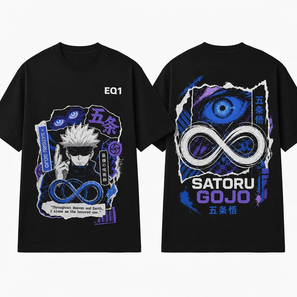 Satoru Gojo Sticker Crest T-shirt — product front and back view