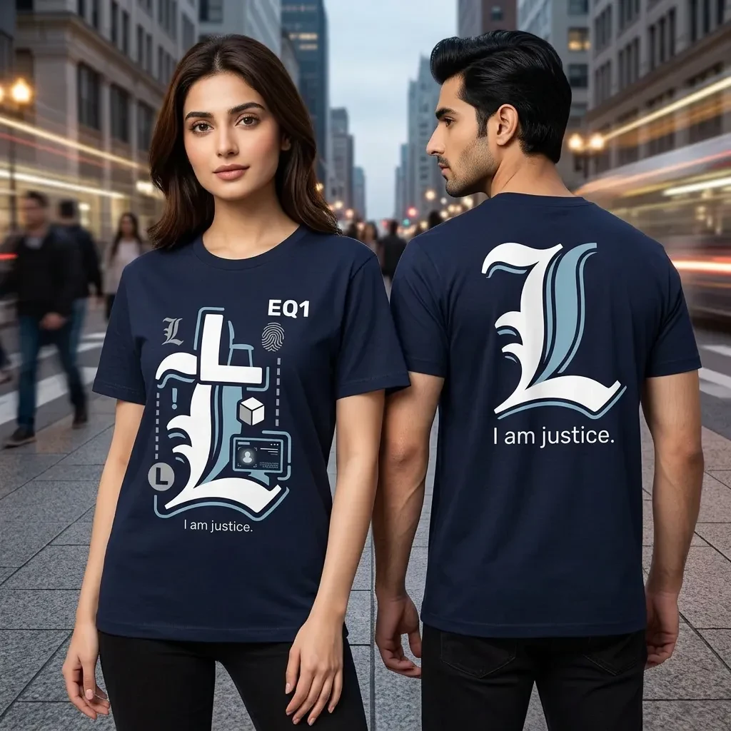 L Typography Tower T-shirt — on-model front and back view