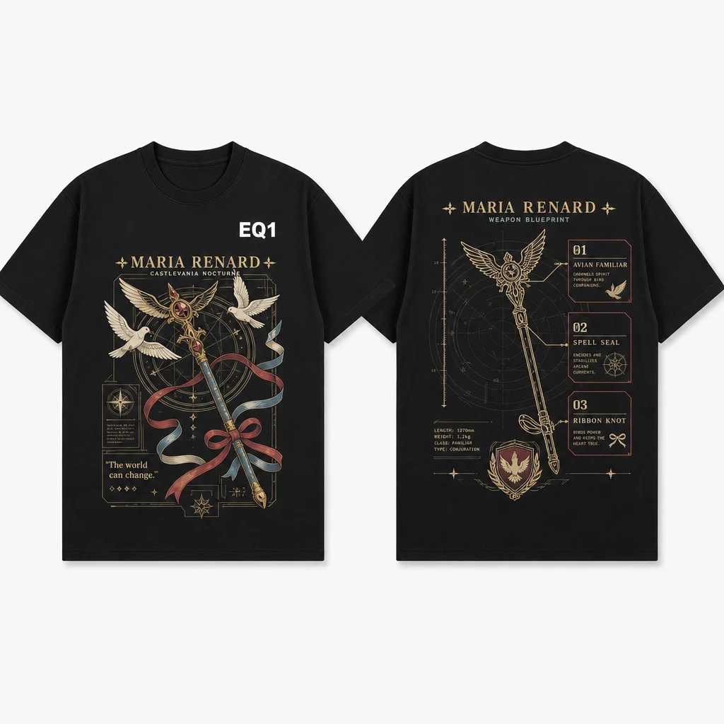 Maria Renard Weapon Blueprint T-shirt — product front and back view