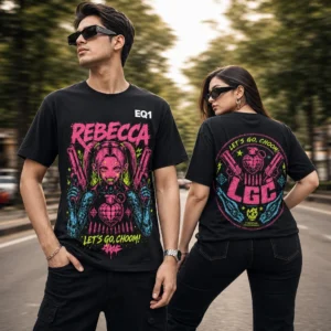 Rebecca Distressed Stamp T-shirt — on-model front and back view